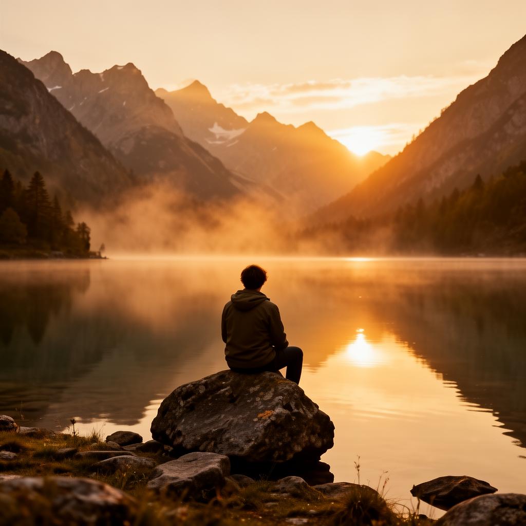 A person sitting quietly by a calm mountain lake at sunrise